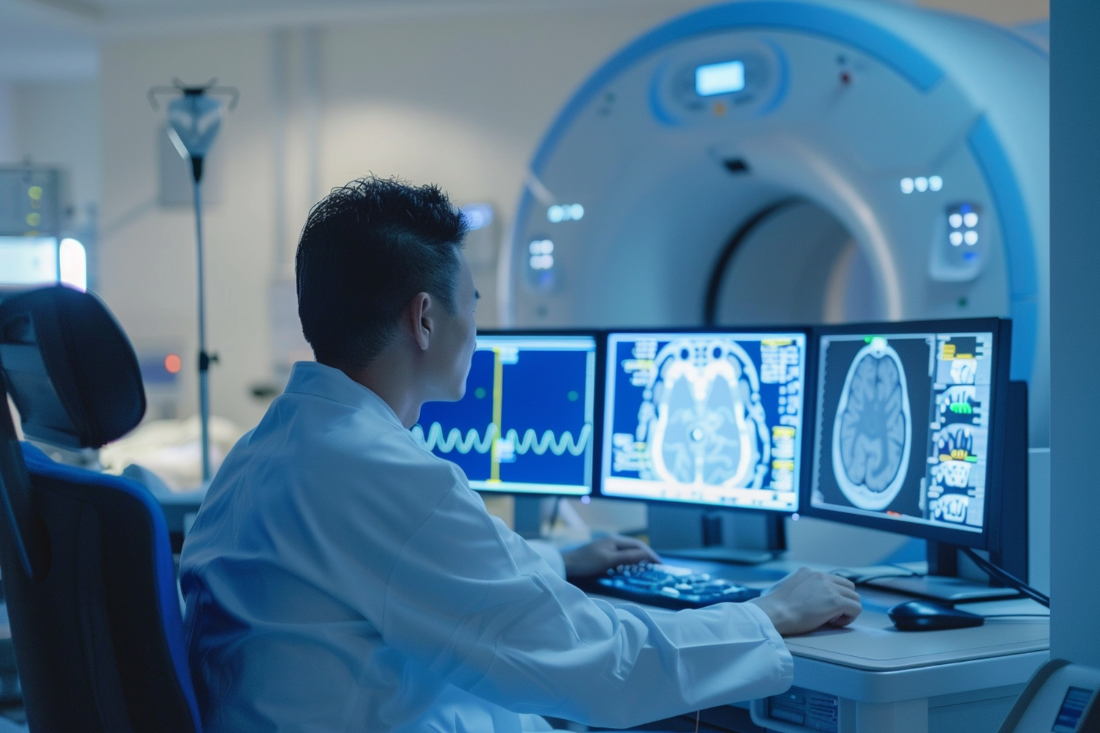 Radiologist reviewing CT and MRI brain studies on multiple monitors in an imaging suite