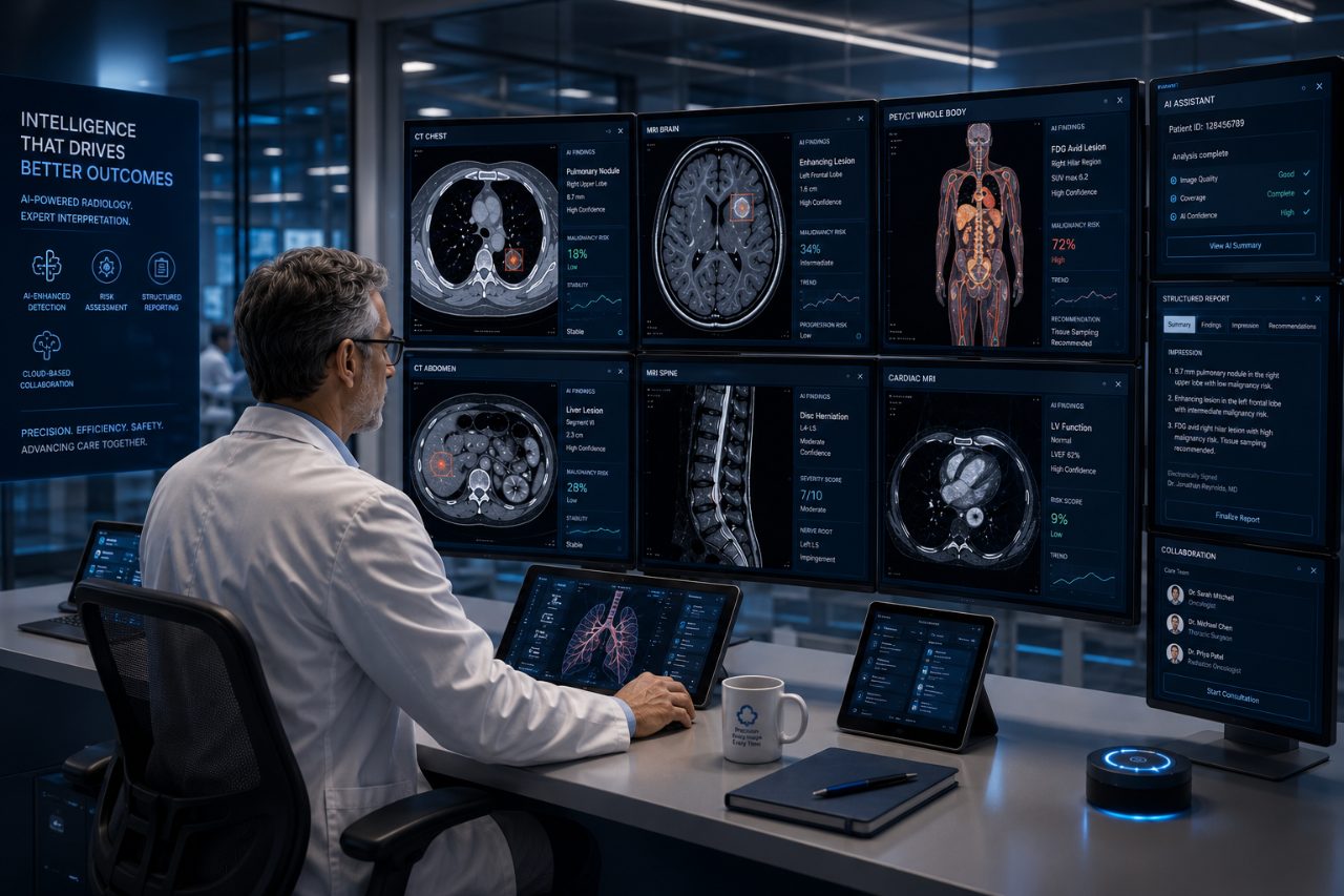 Radiologist reviewing AI-assisted multi-modality studies with automated findings, risk scores and structured reporting