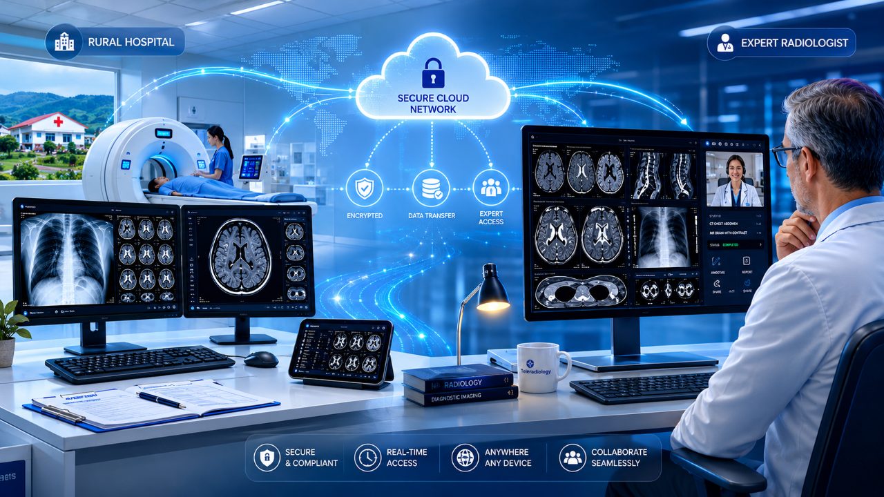 Rural hospital CT scan linked through a secure cloud network to an expert radiologist reviewing studies remotely
