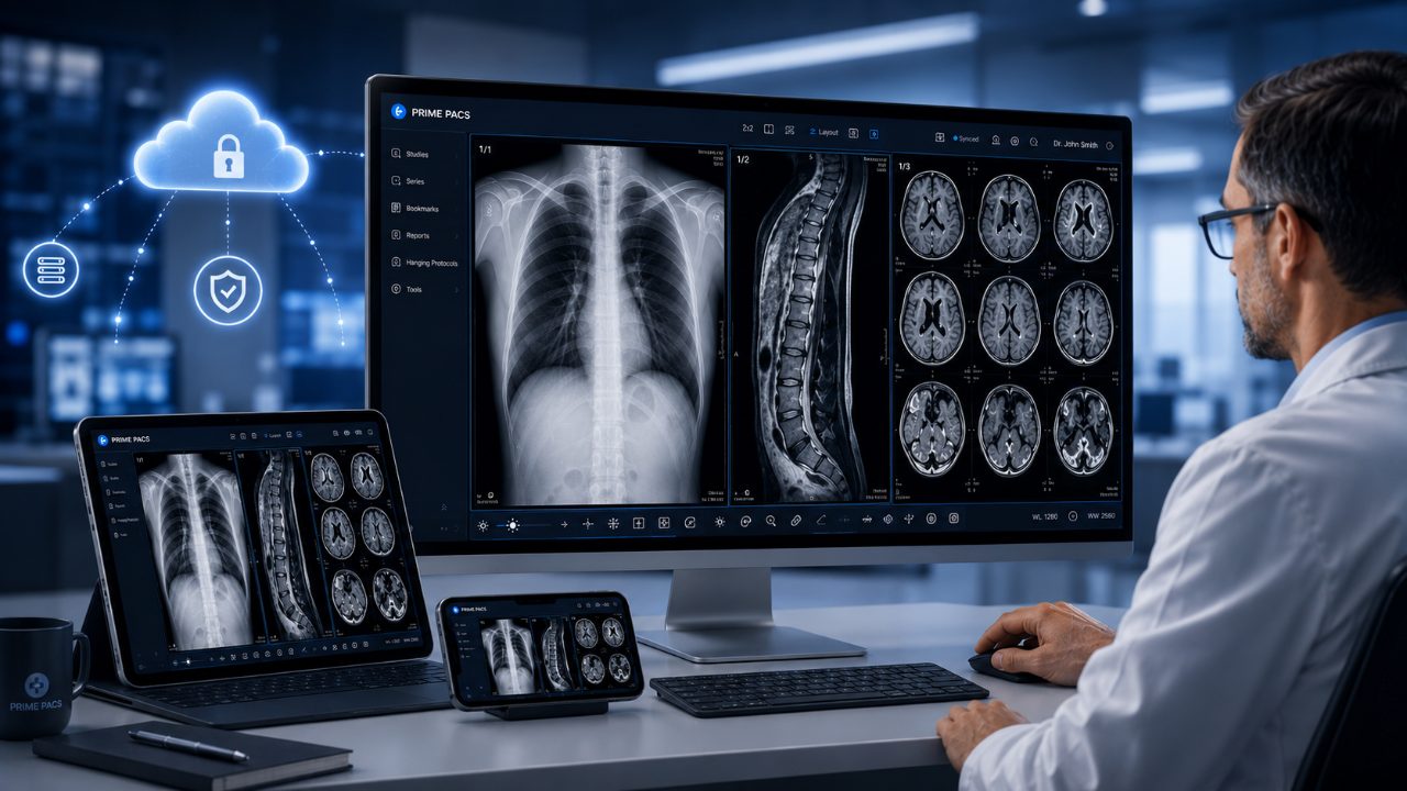 Radiologist reviewing studies across desktop, tablet and phone in a cloud PACS viewer