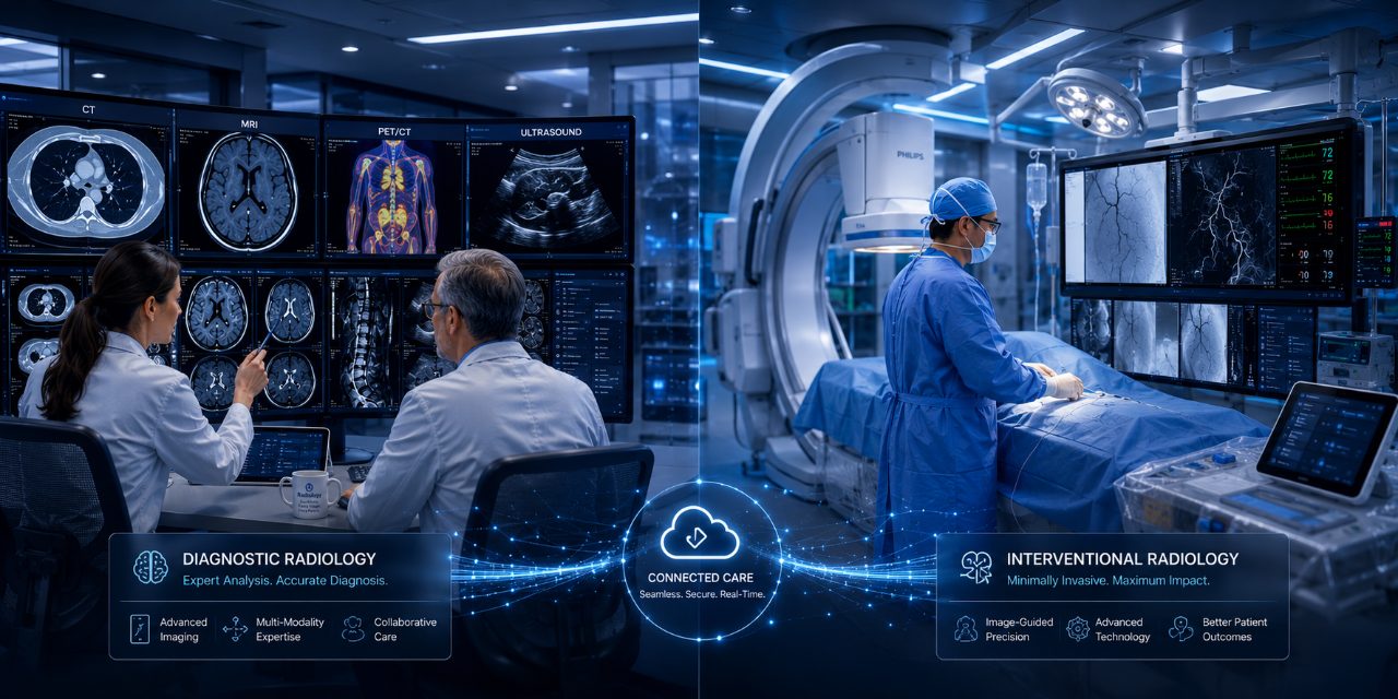 Diagnostic radiologists reviewing CT, MRI, PET and ultrasound studies alongside an interventional radiology suite, linked by a connected-care cloud