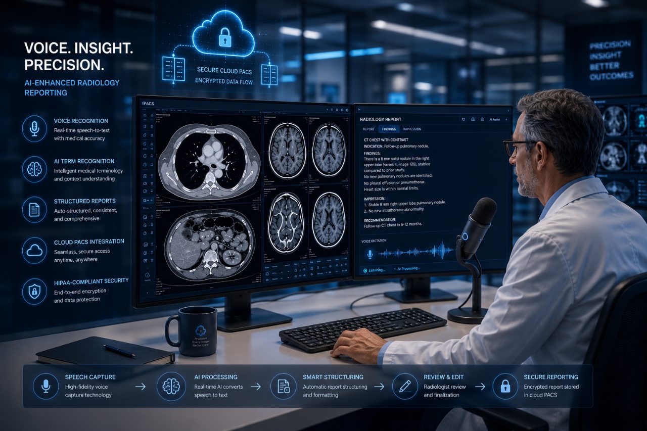Radiologist dictating into a microphone while AI converts speech to a structured radiology report inside a secure cloud PACS viewer
